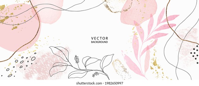 minimal background in pink flowers and tropical summer leaf with golden metallic texture gallery wall art vector 