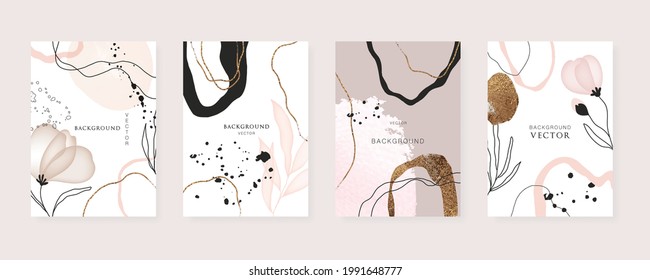 minimal background in pink flowers and tropical summer leaf with golden metallic texture gallery wall art vector 