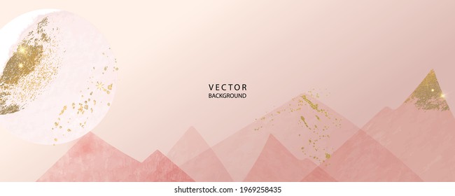 minimal background in pink moon and mountain golden metallic texture gallery wall art vector design in frame for home decorate