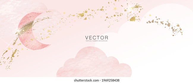 minimal background in pink moon and star golden metallic texture gallery wall art vector design in frame for home decorate