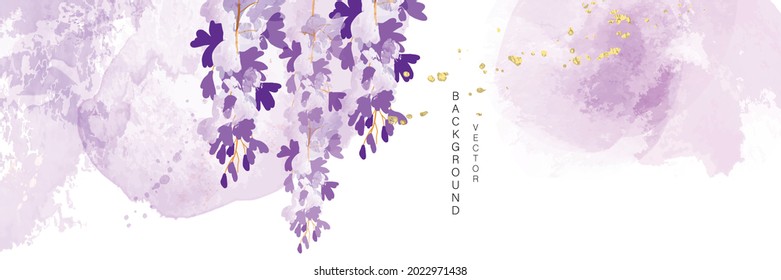 minimal background in purple wisteria flowers and tropical summer leaf with golden metallic texture gallery wall art vector 