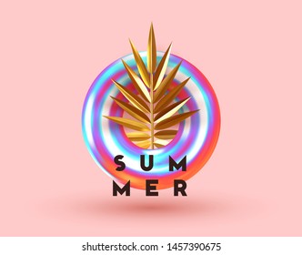 Minimal background with realistic 3d objects Torus and golden palm leaves. Abstract donut and palm branch in gradient of holographic, colors hologram. Vector illustration.