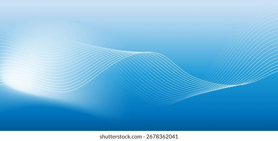Minimal background with wavy lines flowing in a wavy shape, fading from bright blue on top to dark blue on the bottom, with a soft white sparkle at the beginning and end of the wave lines.