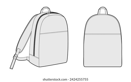 Minimale Rucksack Silhouette Tasche. Fashion Accessoire Technische Illustration. Vector Schultasche vorne 3-4 Ansicht für Männer, Frauen, Unisex-Stil, flache Handtasche CAD Mockup Skizze isoliert