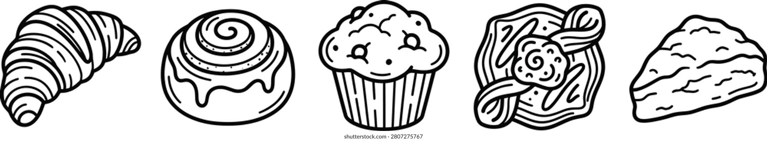 Minimal Bakery Pastry Line Art Icons Vector: Croissant, Cinnamon Roll, Muffin, Scone