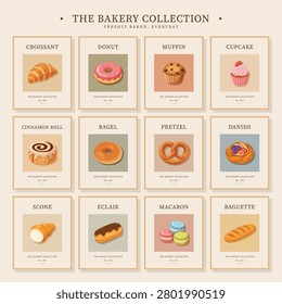 Minimal bakery poster collection featuring croissant, donut, muffin, cupcake, cinnamon roll, bagel, pretzel, danish pastry, scone, eclair, macaron, and baguette. Elegant bakery-inspired wall art with clean typography, soft neutral colors, and detailed food illustrations. Perfect for printable wall decor, bakery shops, cafes, coffee houses, restaurant interiors, kitchen decoration, Scandinavian home decor, and modern food-themed poster collections.