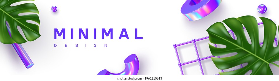 Minimaler Banner mit 3D Rendering Primitive und Monstera Blätter. 3D geometrische Formen in violetten, risierenden Farben. Abstrakter Sommerhintergrund. Vektorgrafik.