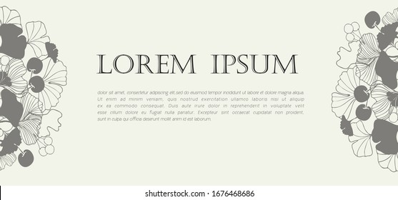 Minimal banner for branding packaging with ginkgo biloba leaves. For the spa resort, a luxury hotel, yoga, beauty salon, cosmetics, organic texture. Ginkgo leaf line drawing, isolated vector.