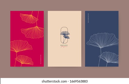 Minimal Banner For Branding Packaging. Tropical Summer Background. For Spa Resort Luxury Hotel, Yoga, Beauty, Cosmetic, Organic Texture. Ginkgo Leaf Drawing Line, Vector Illustration