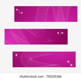 Minimal banner templates with futuristic 3D meshes. Abstract grid shape on bright gradient background. Social media web banner. Future geometric design.