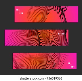 Minimal banner templates with marble striped texture. Abstract bright color splash background. Social media web banner. Future geometric design with black marbling pattern on gradient backdrop.