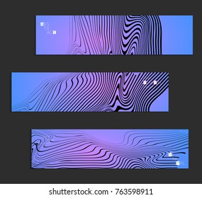 Minimal banner templates with marble striped texture. Abstract bright color splash background. Social media web banner. Future geometric design with black marbling pattern on gradient backdrop.