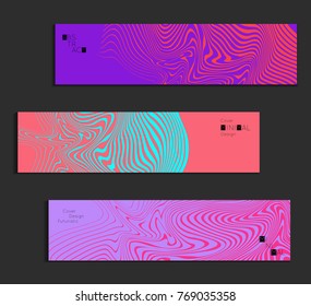Minimal banner templates with marble striped texture. Abstract bright color splash background. Social media web banner. Future geometric design with colorful marbling pattern on gradient backdrop.