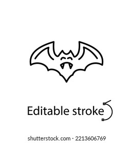 Minimal bat outline icon. Vampire, nocturnal animal. Happy halloween design. Season october holiday. Customizable symbol. Editable stroke. Isolated vector stock illustration