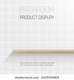 Minimal bathroom interior with white ceramic tiles and floating wood shelf for product mockup or display podium of shampoo, soap, toothpaste, skincare and cleaning supplies. advertising brand sale