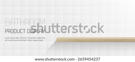 Minimal bathroom interior with white ceramic tiles and floating wood shelf for product mockup or display podium of shampoo, soap, toothpaste, skincare and cleaning supplies. branding showcase