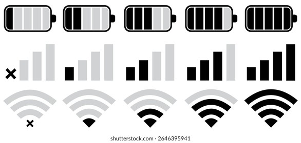 Minimal Battery, WiFi, and Mobile Network Icon Set for UI and App Interfaces – Vector Illustration