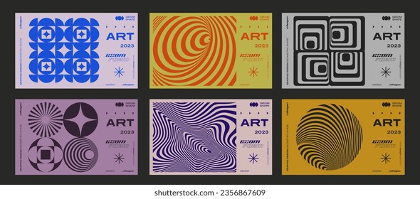 Minimal Bauhaus Abstract Posters Set. Swiss Design composition with geometric shapes. Modern pattern. Optical Illusion Background. 