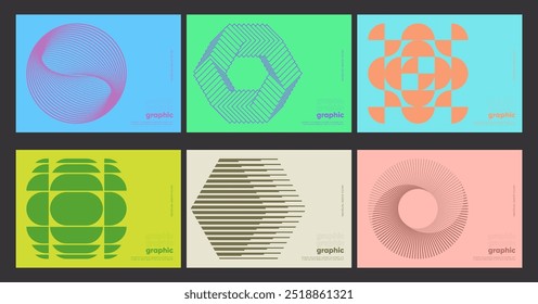 Minimal Bauhaus Abstract Posters Set. Swiss Design composition with geometric shapes. Optical Illusion Background.