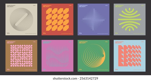 Minimal Bauhaus Abstract Posters Set. Swiss Design composition with geometric shapes. Optical Illusion Background.