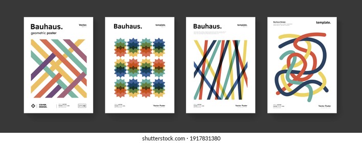 Minimal bauhaus moden posters set. Abstract geometric striped pattern. Business presentation vector A4 covers collection. Simple cubism composition.