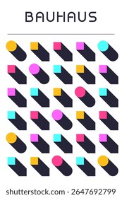 Minimal Bauhaus Poster with Colorful Geometric Shadows on White Background Vector Illustration