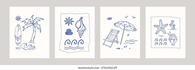 Minimal beach cards posters cover templates set with simple line art drawings of palm tree, surfboard, seashell, sun umbrella, deck chair, and ocean elements summer sketches for prints and web. Vector