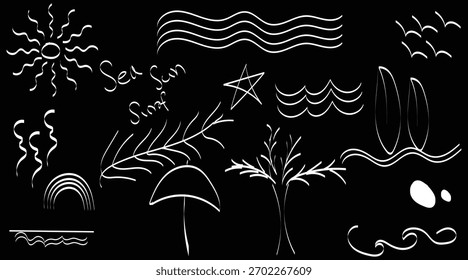 Minimal beach doodle elements with sea sun surf icons, Hand-drawn tropical sketch decoration set, Simple coastal abstract line drawings