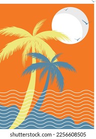 Minimale Strandgrafik mit Sonnenuntergang aus Palmen