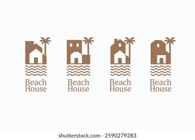 Minimal Beach house bundle logo set. Waterfront villa resort icon vector sign symbol illustration. Premium Beach house with palm tree logo design concept