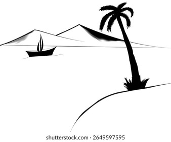 Minimal Beach Landscape Silhouette with Palm Tree, Mountains, and Sailboat in Black and White