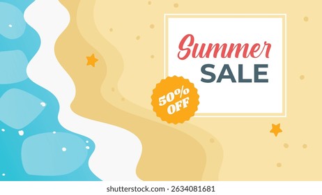 Minimal beach layout with summer sale and discount badge.