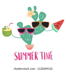 Minimal beach summer trendy vector illustration art in scandinavian style. Cute cactus in sunglasses with ice cream and coconut cocktail. Handwritten lettering phrase Summer Time isolated on white