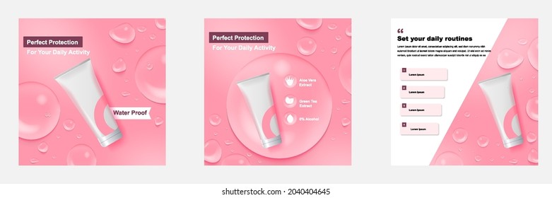 Minimal Beauty Cosmetic Social Media Square Post Banner In Pink Color. For Product Knowledge, Display, Price, Catalog Tips Template With Icon Water Droplet Bubble Soap Elements. Vector Design