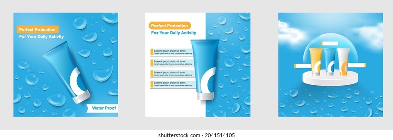 Minimal beauty cosmetic social media square post banner in blue color. For product knowledge, display, price, catalog tips template with cloud sky water droplet dome shield sphere. Vector design