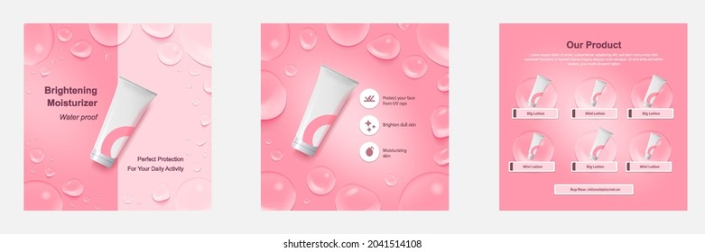 Minimal beauty cosmetic social media square post banner in pink color. For product knowledge, display, price, catalog tips template with icon water droplet bubble soap elements. Vector design