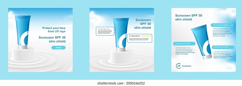 Minimal Beauty Cosmetic Social Media Square Post Template Banner In Blue White Color With Water Ripple, Cloud, Sky. For Product Knowledge, Display, Price, Catalog, Tips. Vector Design