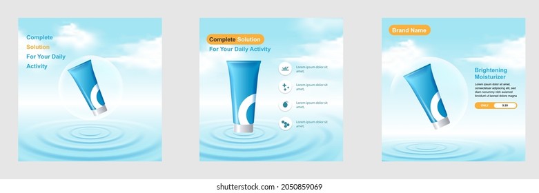 Minimal Beauty Cosmetic Social Media Square Post Template Banner In Blue White Color With Water Ripple, Cloud, Sky. For Product Knowledge, Display, Price, Catalog, Tips. Vector Design