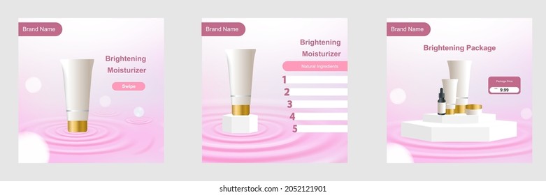 Minimal Beauty Cosmetic Social Media Square Post Template Banner In Pink Color With Water Ripple. For Product Knowledge, Display, Price, Catalog Tips. Vector Design