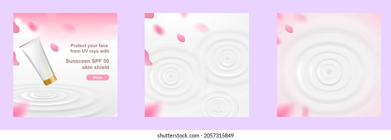 Minimal Beauty Cosmetic Social Media Square Post Template Banner In Pink Color With Water Ripple And Cherry Blossom Petals. For Product Knowledge, Display, Price, Catalog Tips