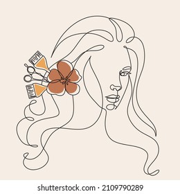 Minimal beauty salon Woman Hair stylist Logo. Line Art Woman Vector. Hairdresser