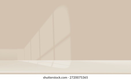 Fondo beige mínimo del estudio interior con la sombra natural suave de la luz de la ventana, luz de la primavera del Vector en la pared marrón y piso vacío para la presentación del producto, marca cosmética, maqueta, diseño moderno 