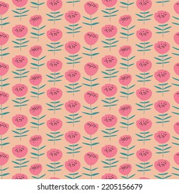 Minimal beige and pink floral pattern. Round flower buds on a peachy background. Seamless floral design for stationery, wallpaper and textile.