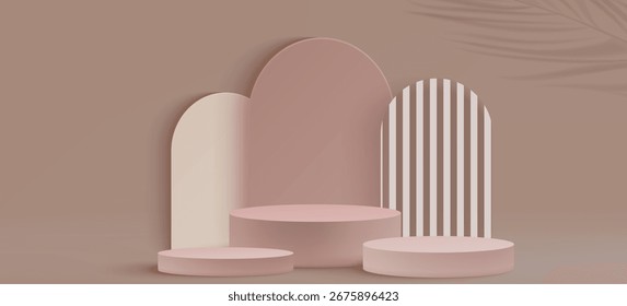 Minimal beige podium display with cylindrical platforms, geometric arch backdrops and palm leaf shadow on wall - elegant product presentation setup for cosmetics, jewelry or luxury goods showcase.