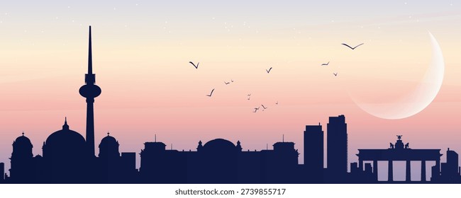 Minimal Berlin skyline silhouette at sunset with Fernsehturm and Brandenburg Gate, crescent moon and birds, soft pastel gradient sky, modern flat travel illustration.