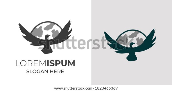 Minimal Bird logo with world\
map vector illustration .world peace day concept with white bird\
keep leaves on globe and vintage style .Bird and globe icon design\
