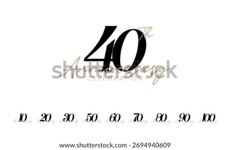 Minimal birthday number logo design. Anniversary symbol with elegant concept for wedding celebration. 10, 20, 30, 40, 50, 60, 70, 80, 90, 100, years vector collections