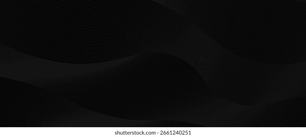 Minimal black abstract background with elegant flowing wavy lines and subtle contours, creating a modern and sophisticated look.