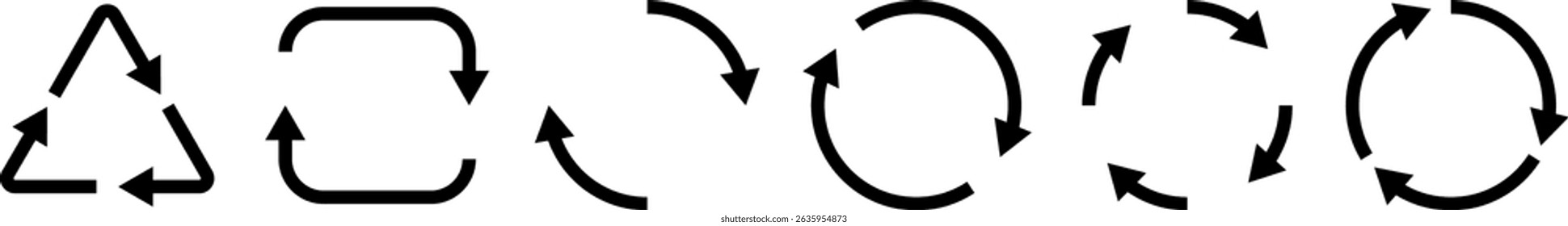 Minimal black arrow icons for recycling, rotation, and process flow. Perfect for eco, UI, loop, or refresh concepts. Isolated on transparent background