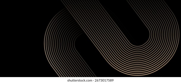 Minimaler schwarzer Hintergrund mit eleganten gebogenen Linienmustern in metallischem Farbverlauf. Modernes abstraktes Design für Poster, Cover, Banner und digitale Kunstwerke.

